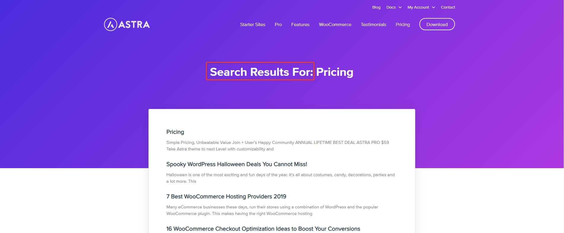 Default Search Result String with Astra