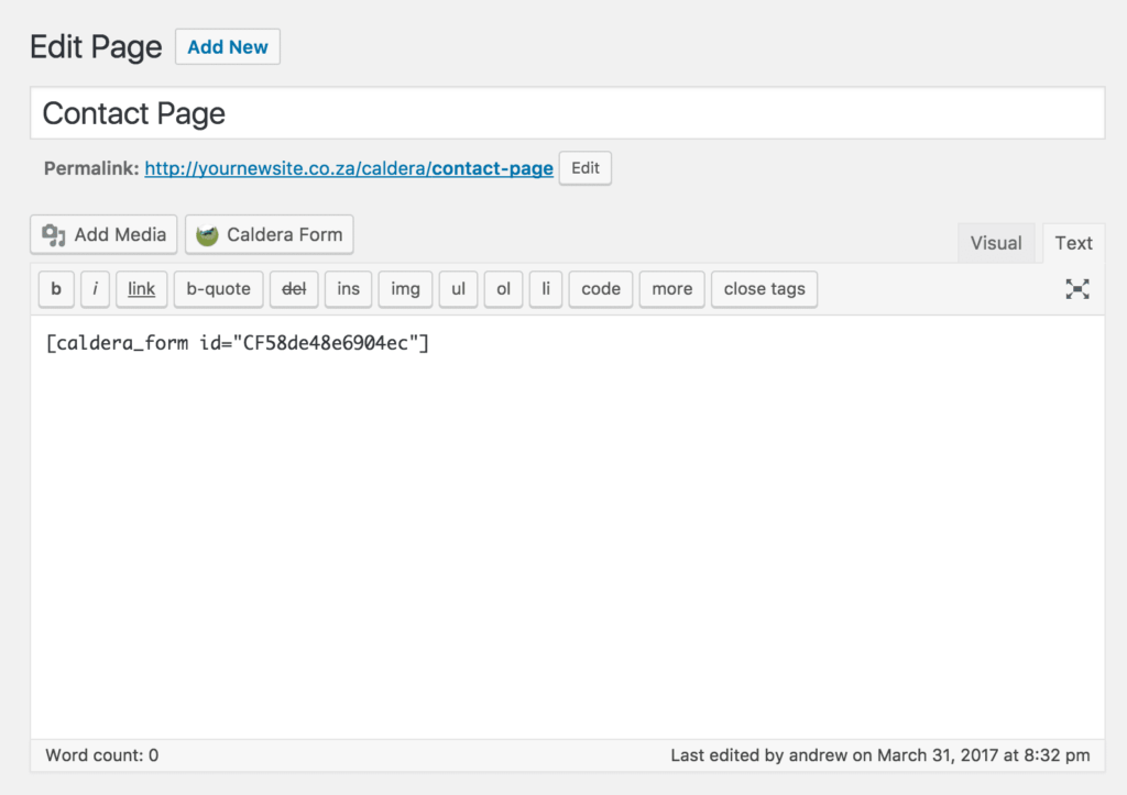 Caldera Forms page shortcode