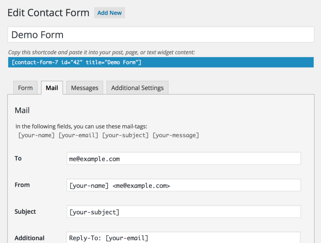 Contact form 7 Editor Screen