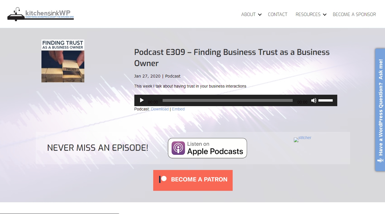kitchen sink wp podcast with listen on itunes button