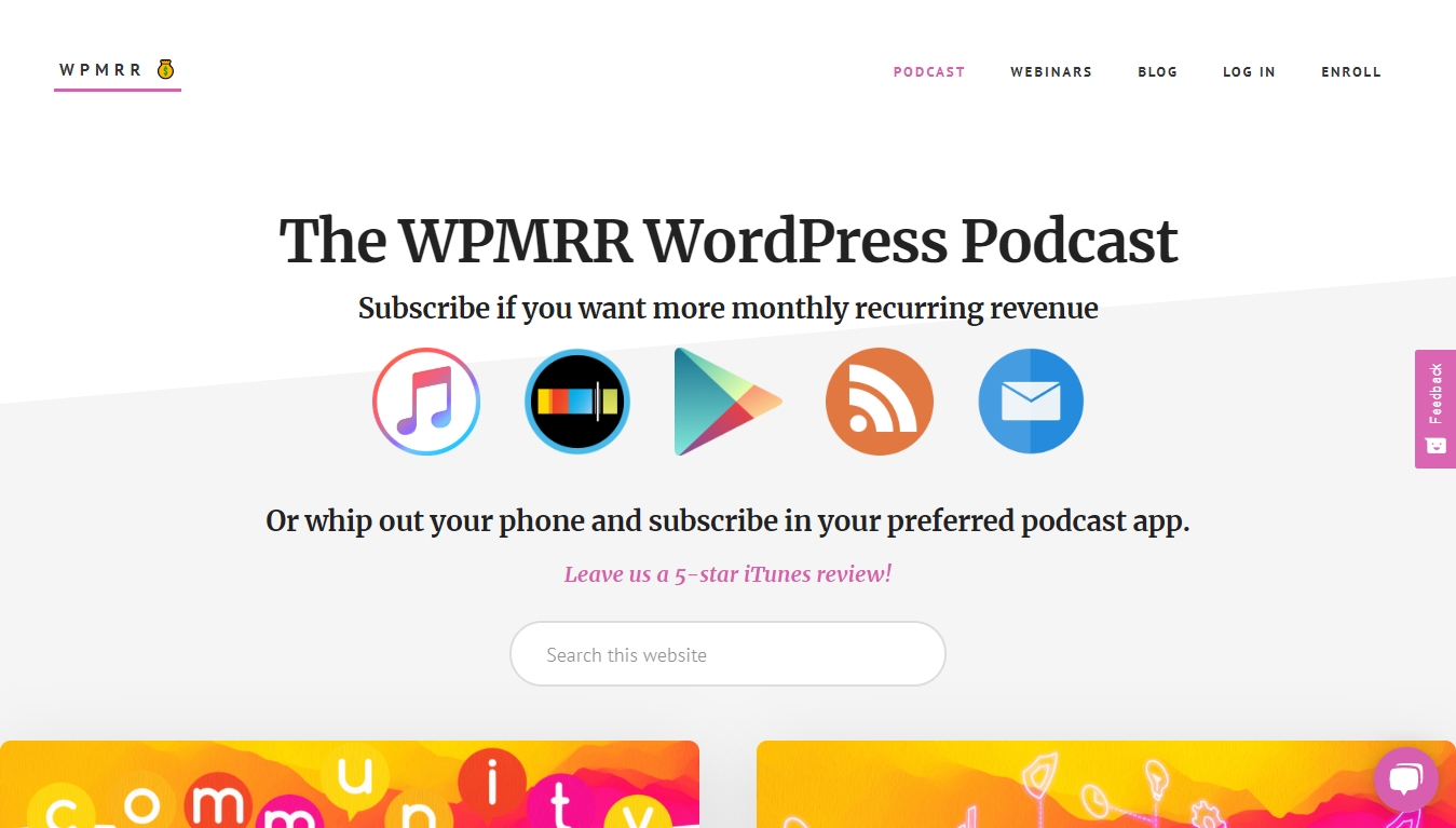 the wpmrr wodpress podcast homepage with subscribe buttons
