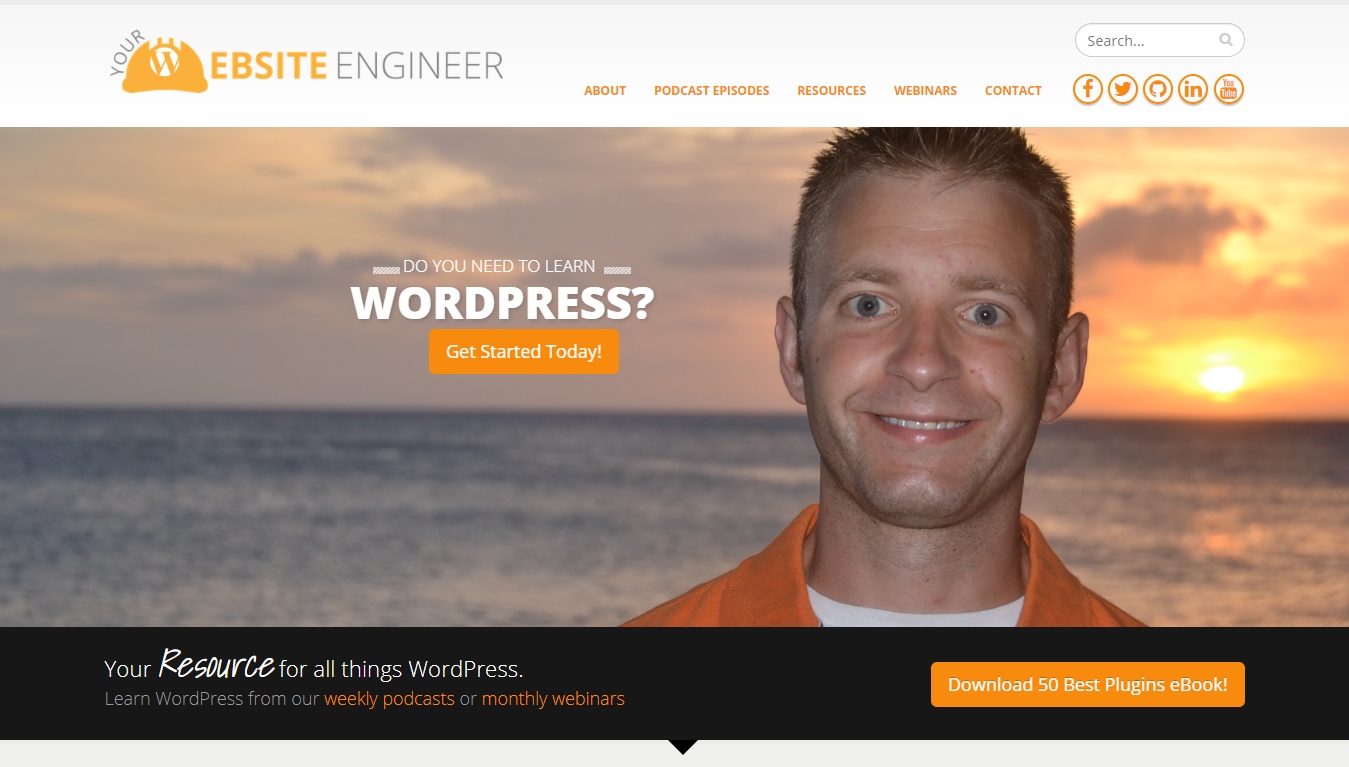 website engineer podcast homepage with get started today button