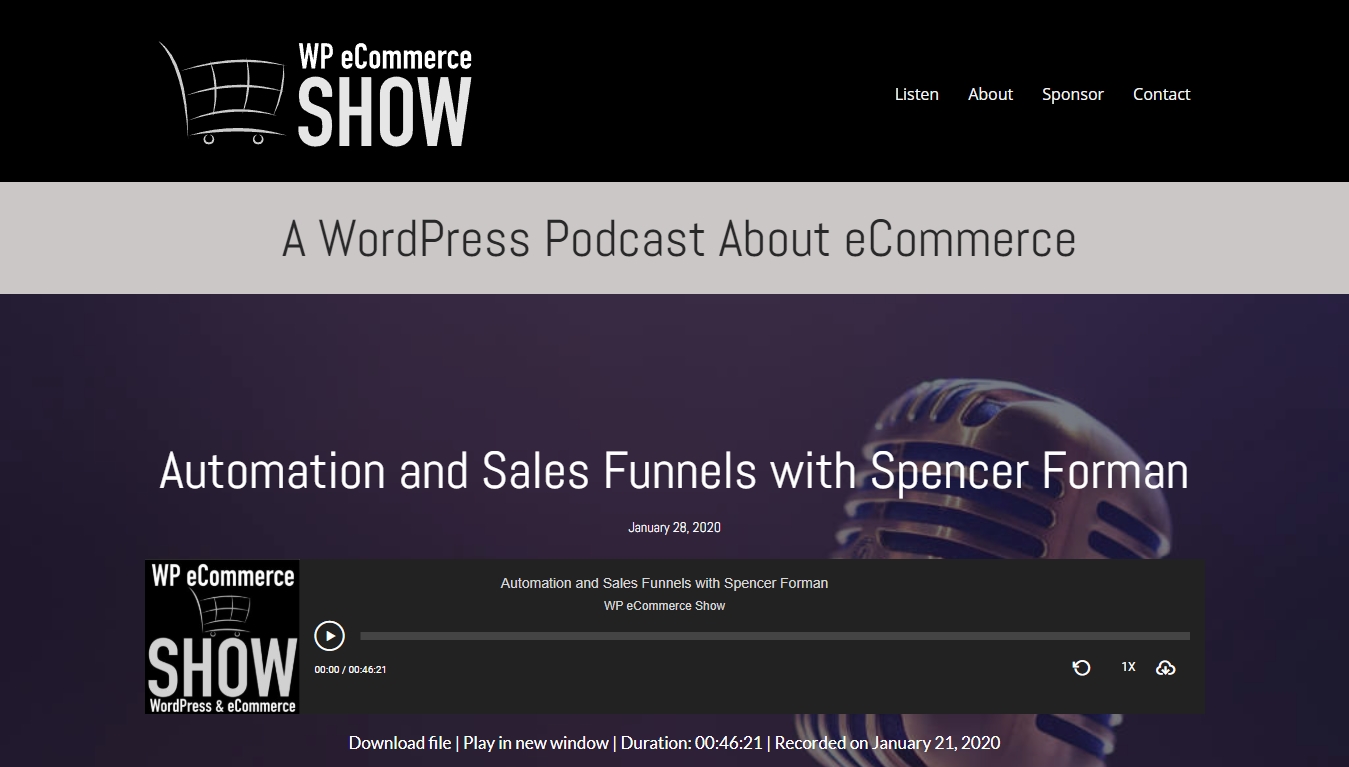 the wp ecommerce show homepage with latest episode