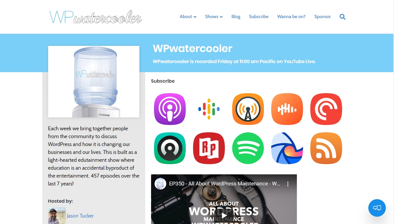 wp watercooler homepage with the latest episode post