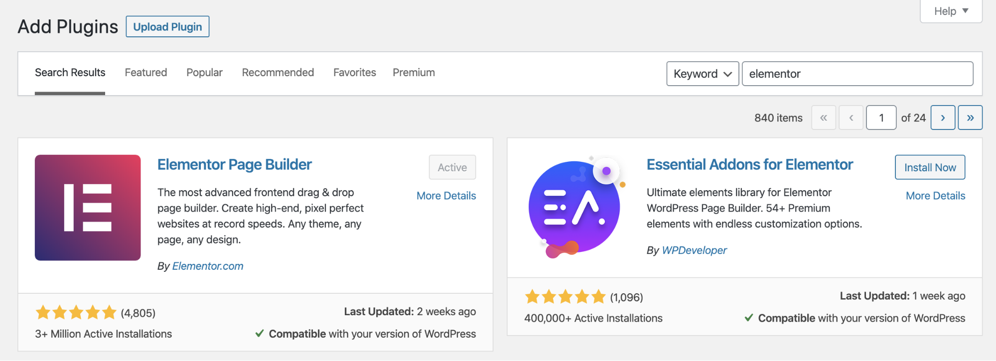 adding the elementor page builder plugin section in wordpress