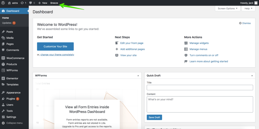 clear cache from breeze on wordpress dashboard