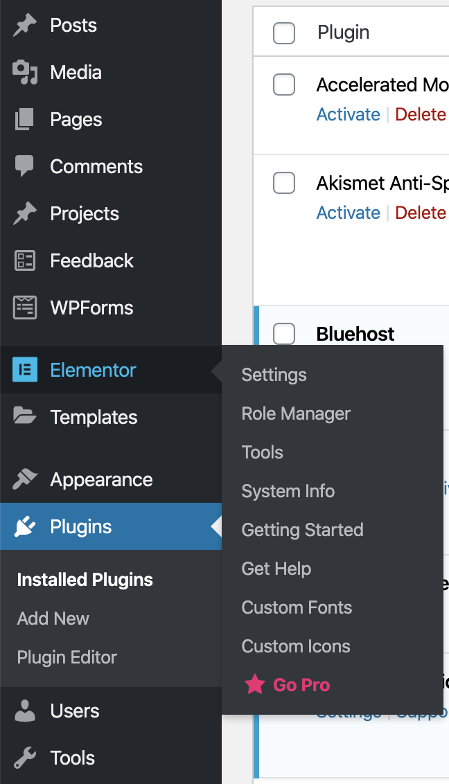 elementor plugins section on the wordpress dashboard