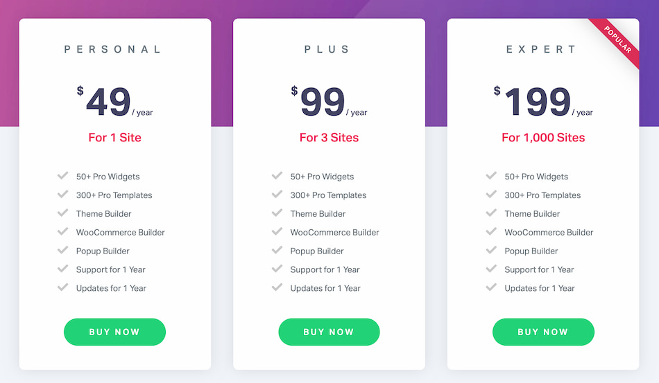 elementor pro prcing tables