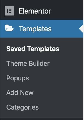 elementor templates panel in the wordpress dashboard
