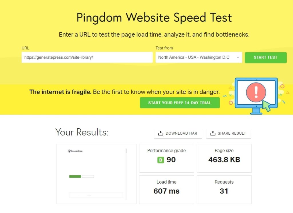 generatepress pingdom results