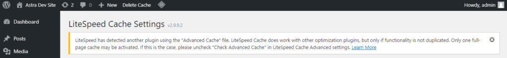litespeed cache settings error message