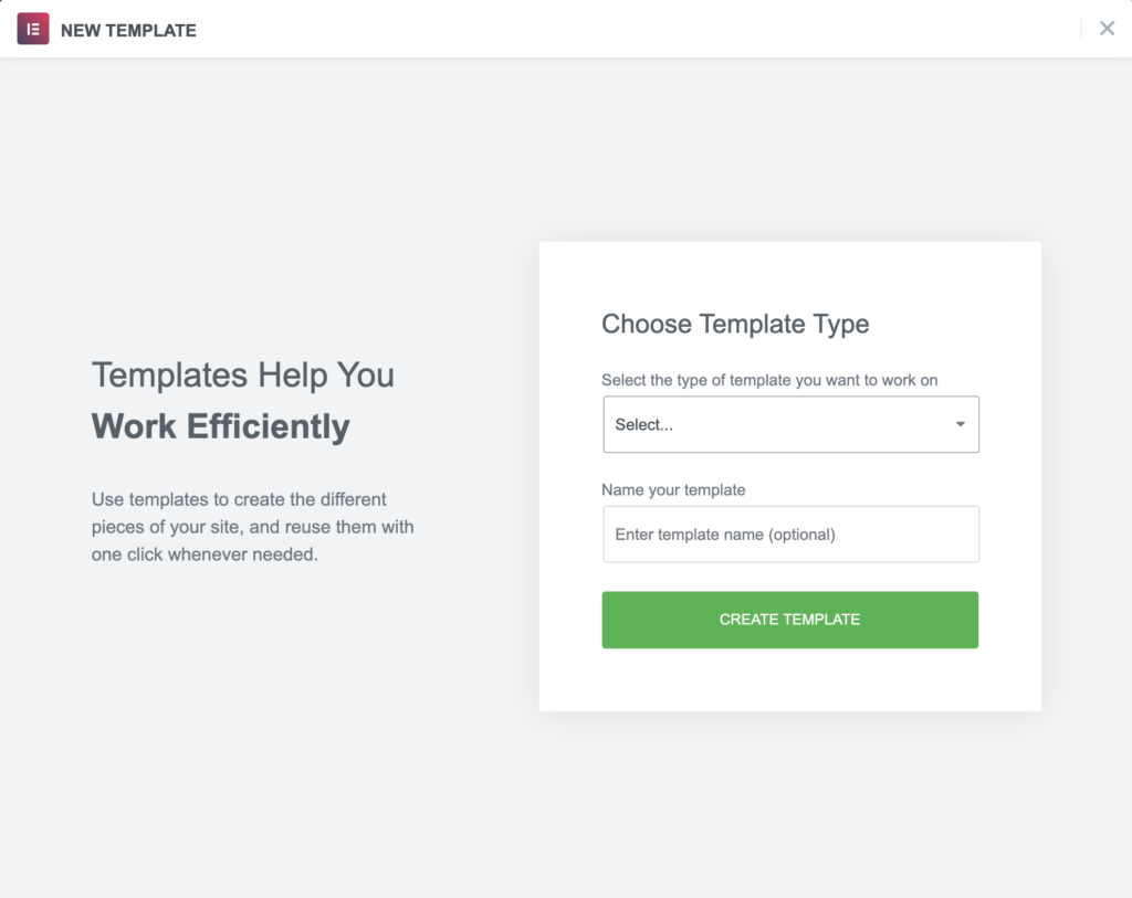 creating a new template welcome screen with elementor
