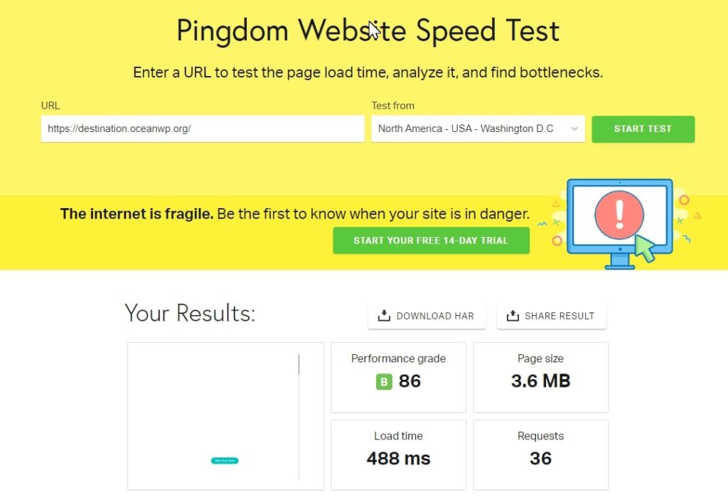 ocean wp pingdom results