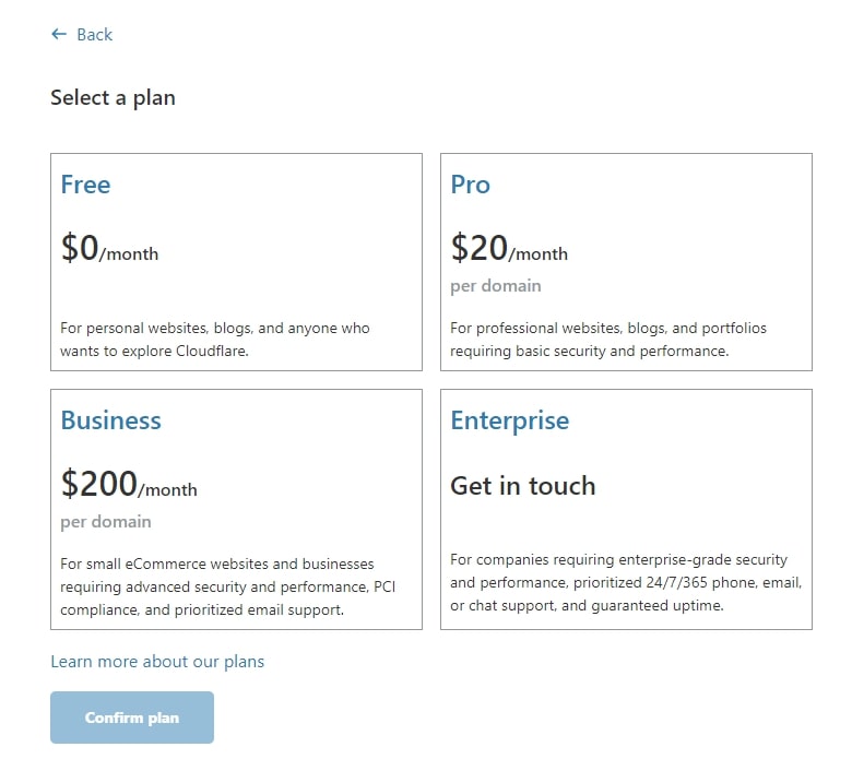 picking a plan on cloudflare