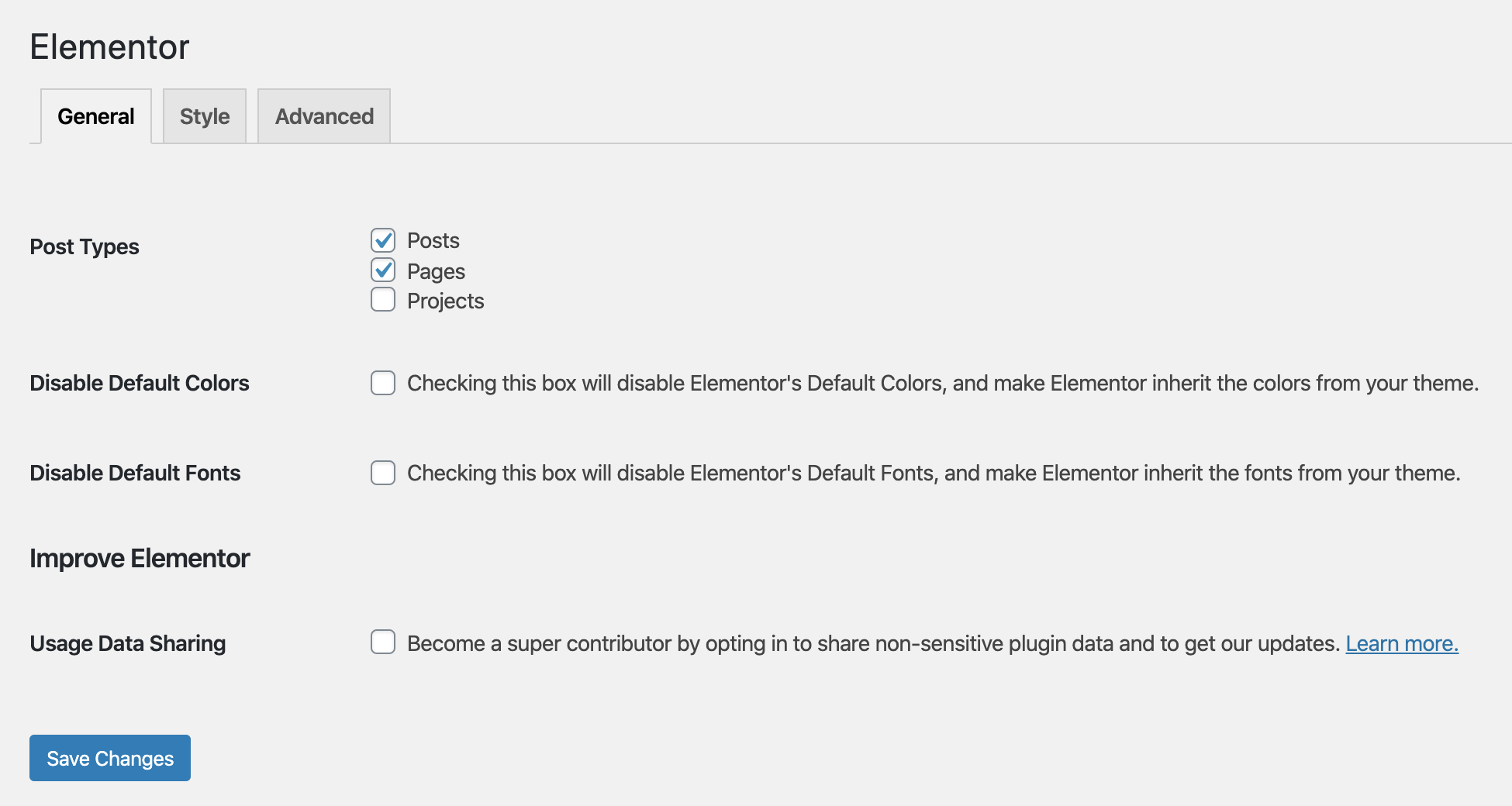 elementor post types section