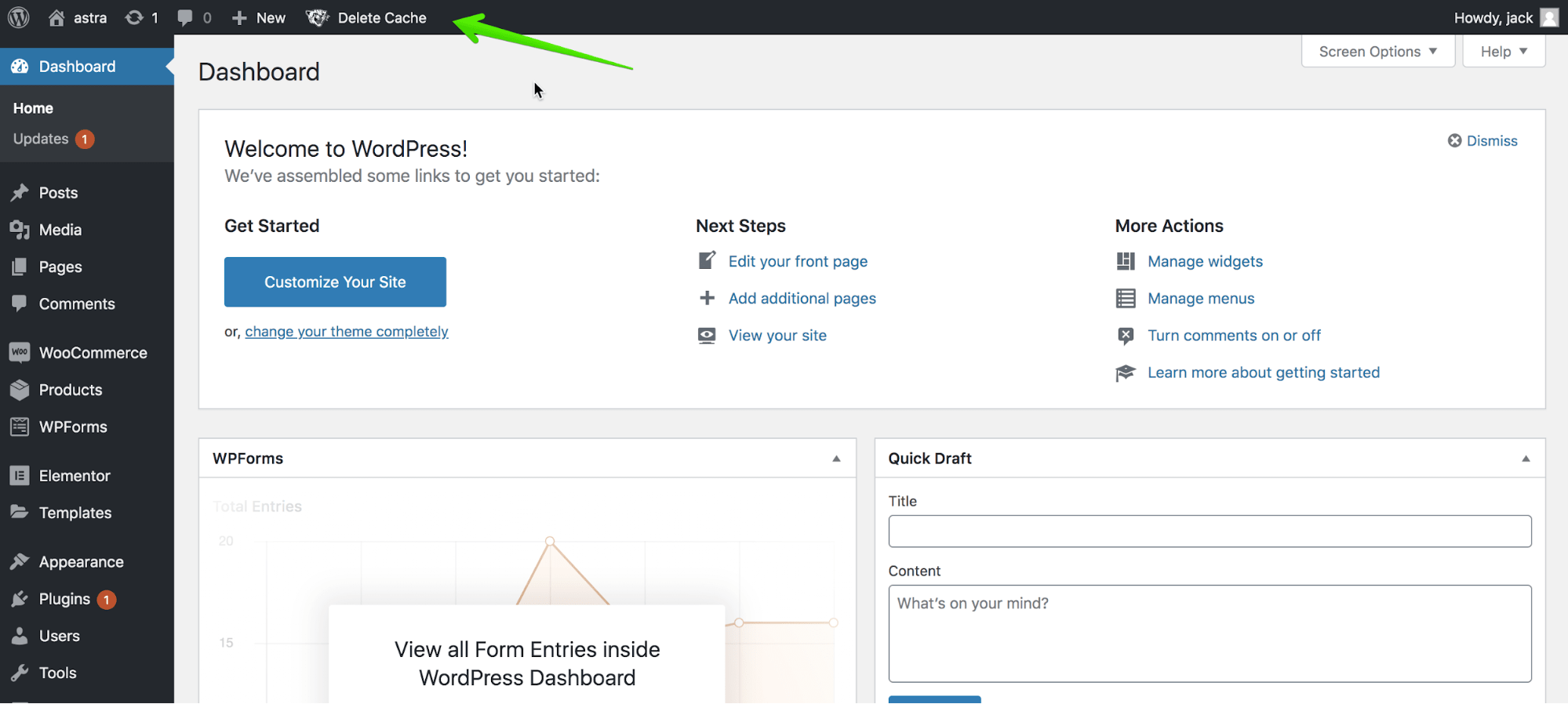arrow pointing at delete cache on wordpress dashboard