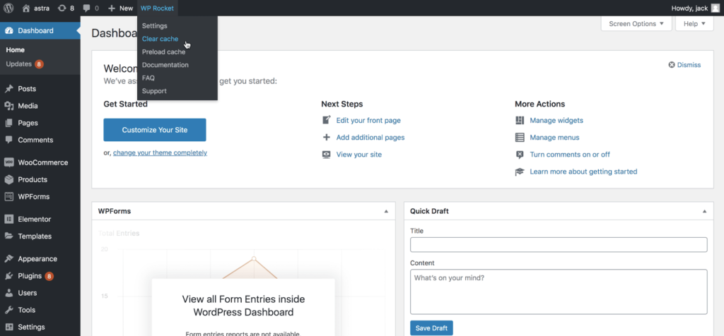 clear cache on wordpress dashboard with wp rocket