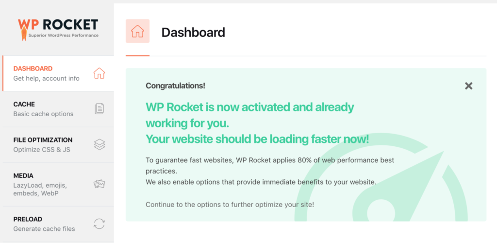 wp rocket dashboard after completing the set up
