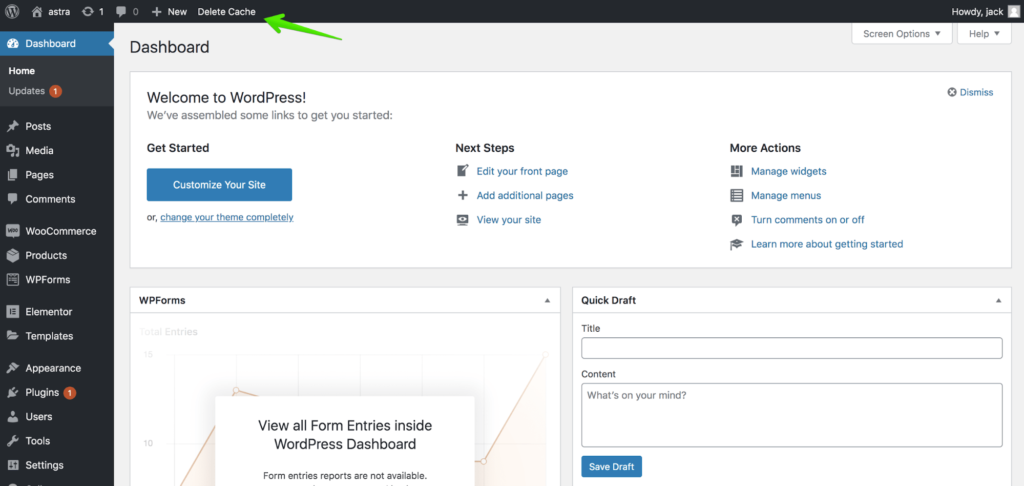 delete cache with wp super cache on wordpress dashboard