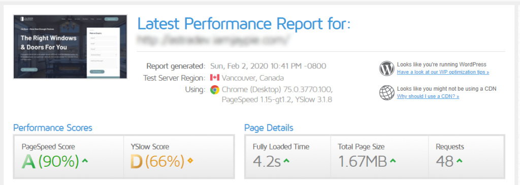 speedtest results after wp super cache installed