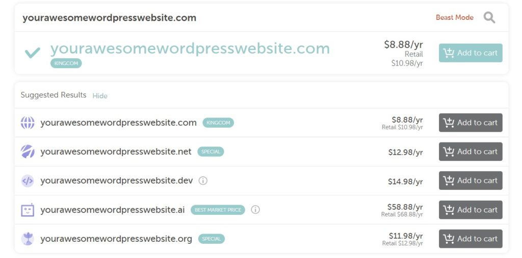 different price options for purchasing a domain named yourawesomewordpresssite.com