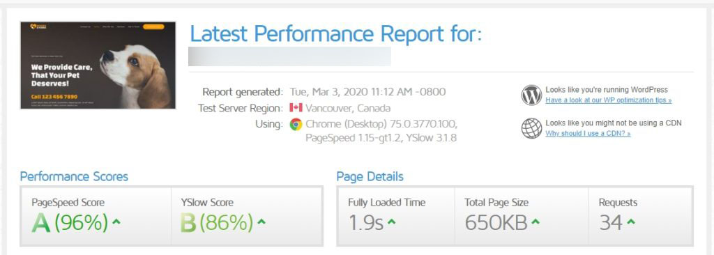 WP Fastest Cache Review 3 Speedtest results of Astra test page before WP Fastest Cache