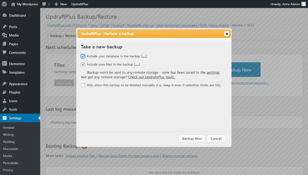 Starting a new backup on UpdraftPlus