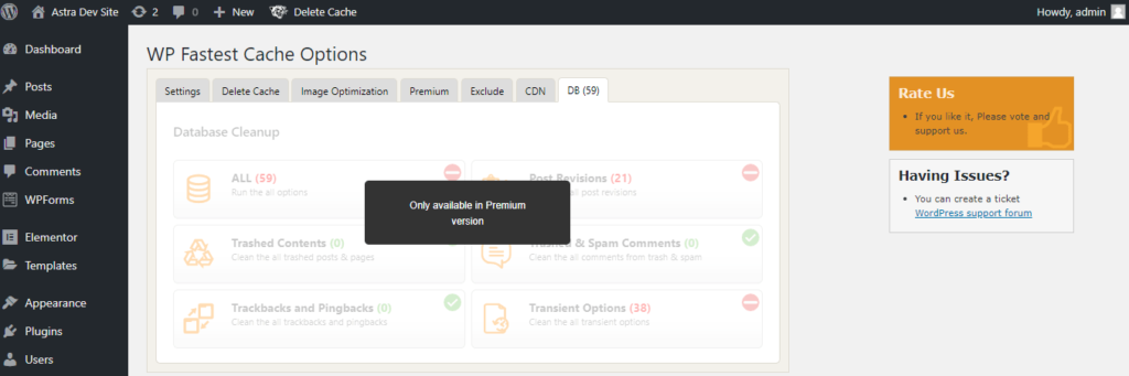 WP Fastest Cache grayed out premium options