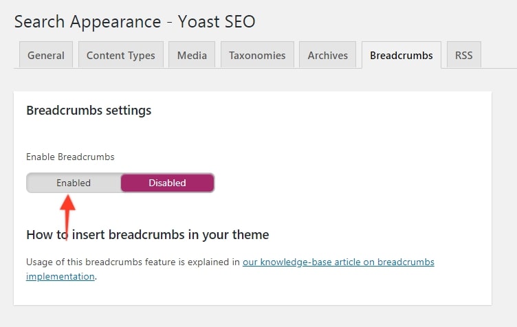 Enable Breadcrumbs Settings Yoast SEO Breadcrumbs Setting Enable - Yoast SEO